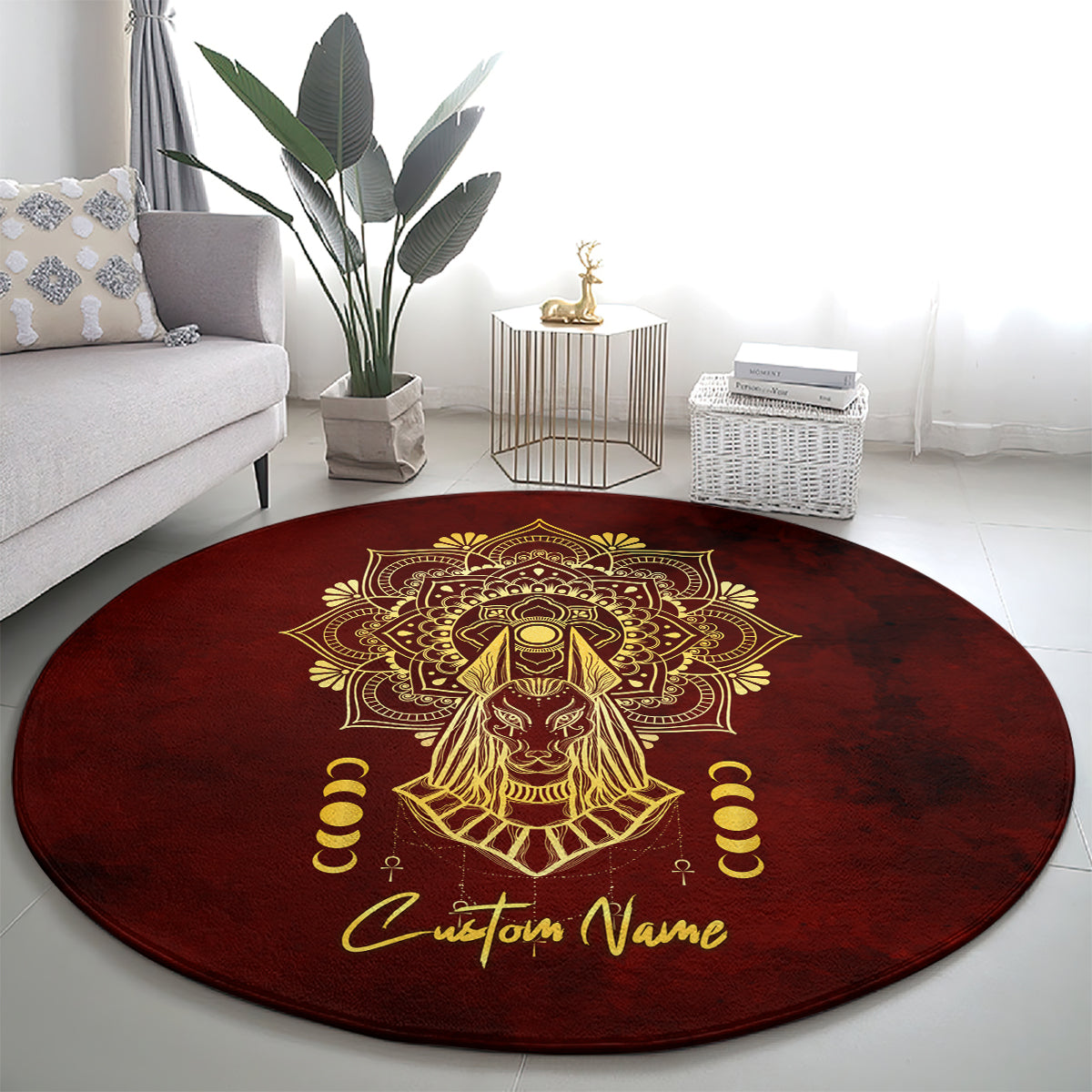 Personalized Anubis Round Carpet Ancient Egyptian Pattern In Red