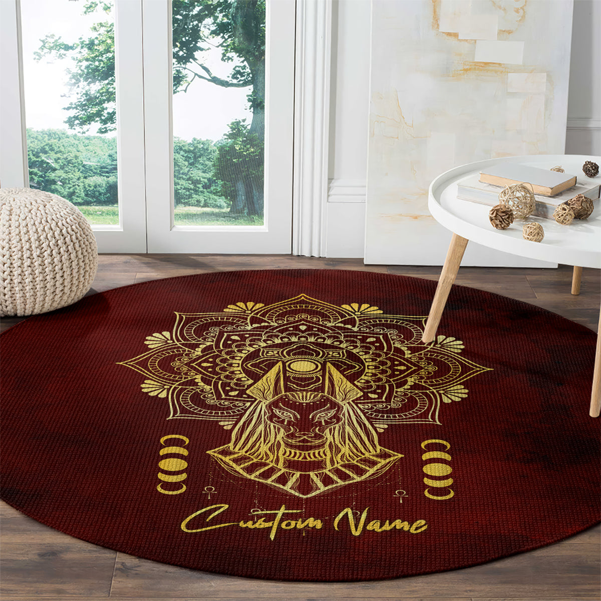 Personalized Anubis Round Carpet Ancient Egyptian Pattern In Red