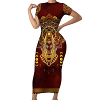 Personalized Anubis Short Sleeve Bodycon Dress Ancient Egyptian Pattern In Red - Wonder Print Shop