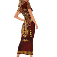 Personalized Anubis Short Sleeve Bodycon Dress Ancient Egyptian Pattern In Red - Wonder Print Shop