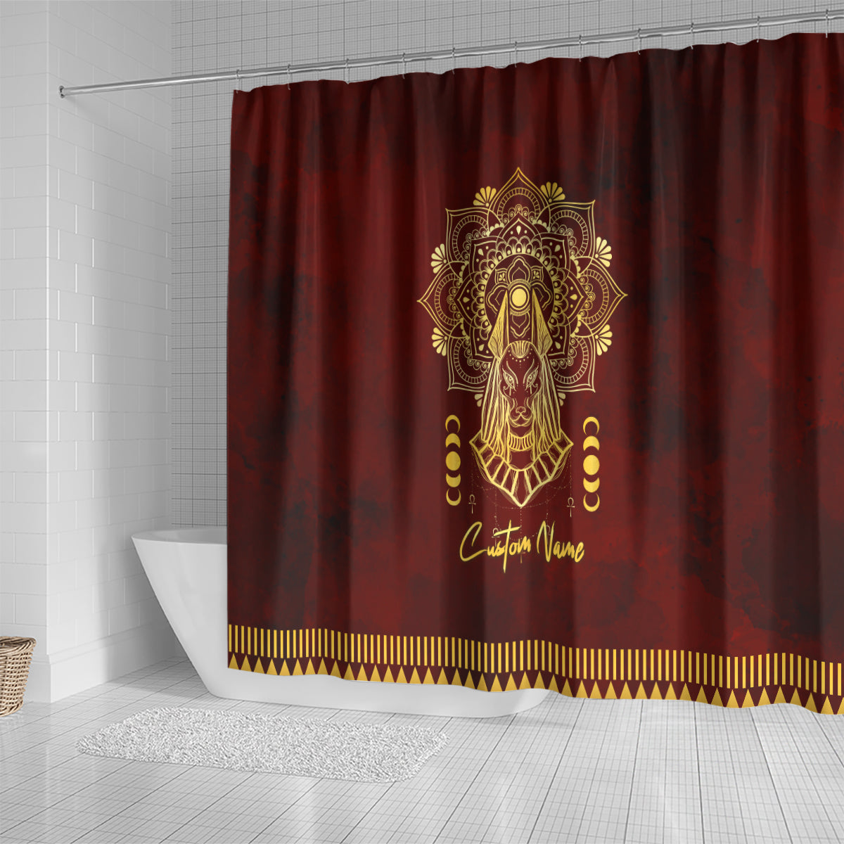 Personalized Anubis Shower Curtain Ancient Egyptian Pattern In Red