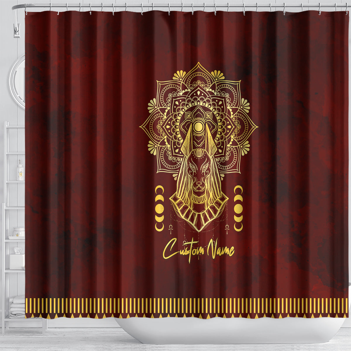 Personalized Anubis Shower Curtain Ancient Egyptian Pattern In Red