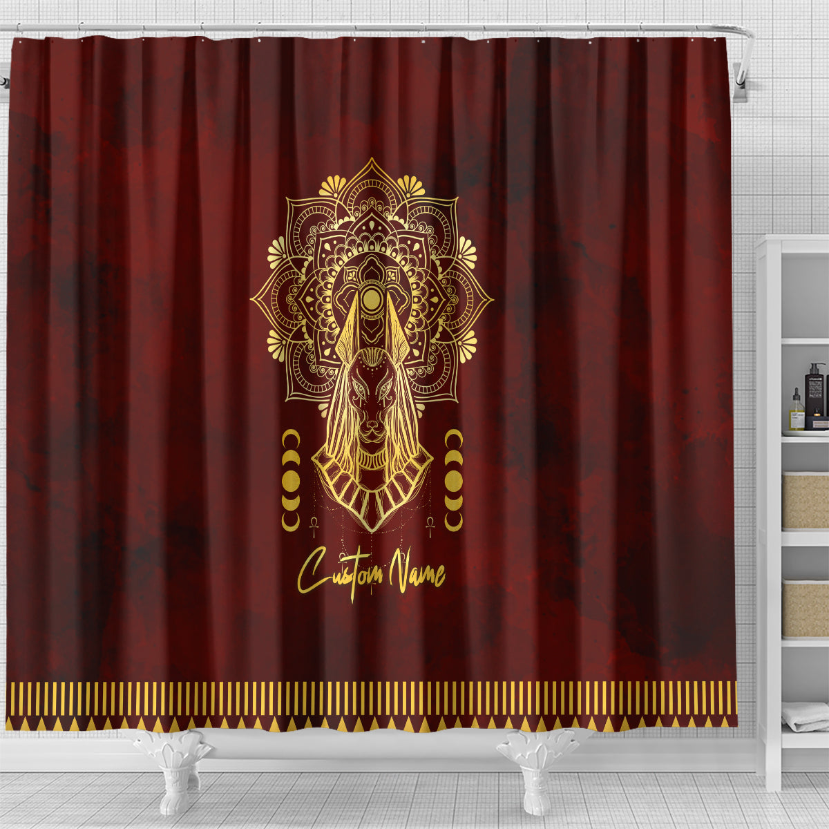 Personalized Anubis Shower Curtain Ancient Egyptian Pattern In Red