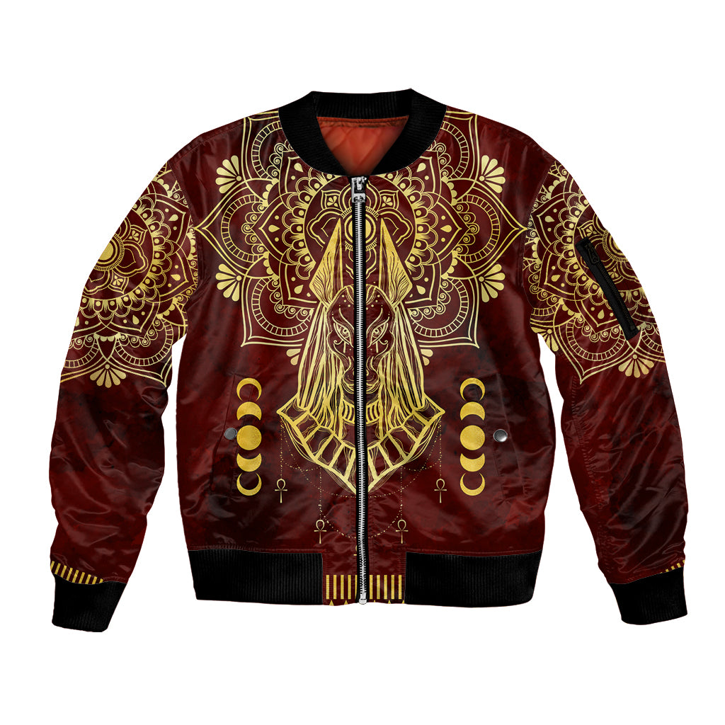 Personalized Anubis Sleeve Zip Bomber Jacket Ancient Egyptian Pattern In Red - Wonder Print Shop