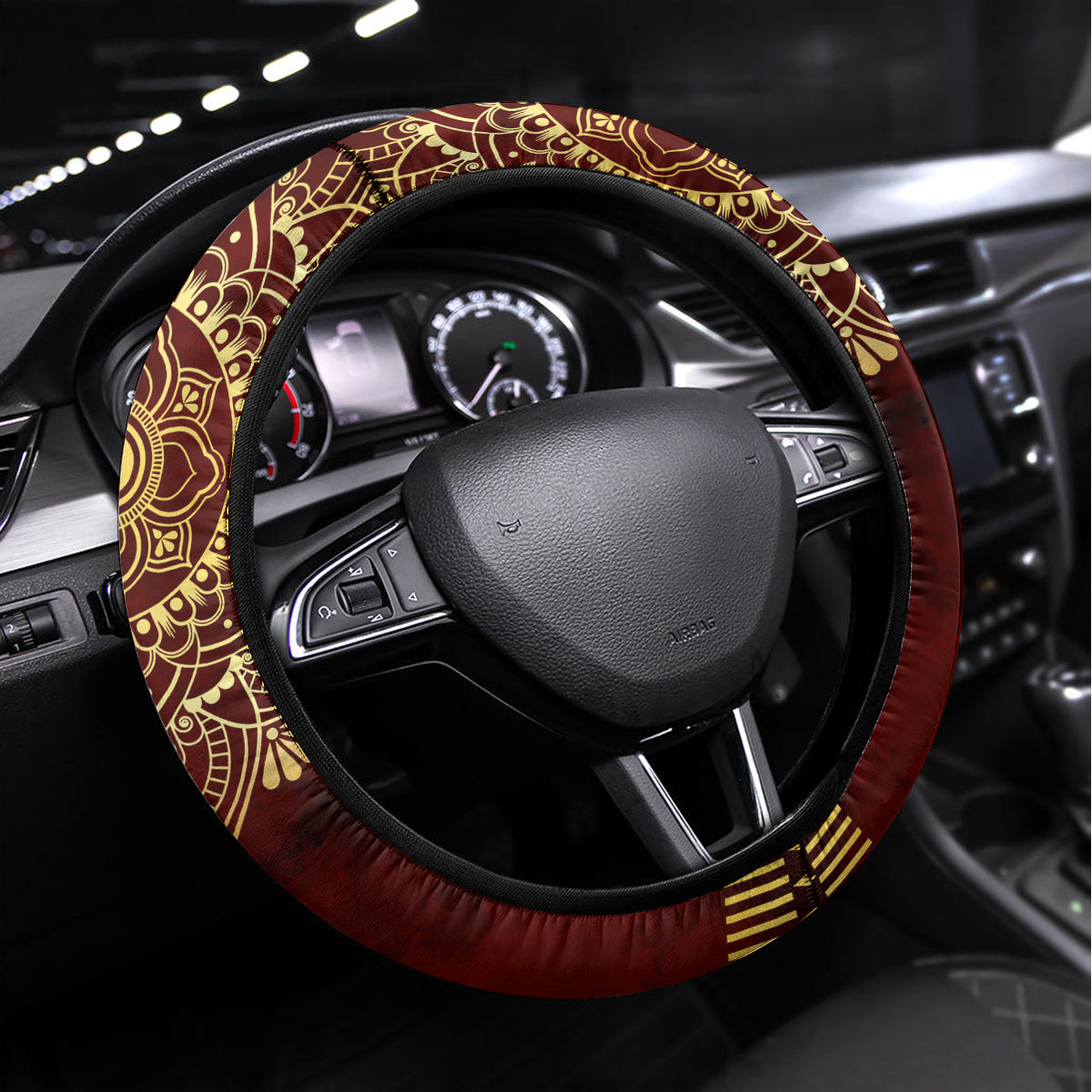 Personalized Anubis Steering Wheel Cover Ancient Egyptian Pattern In Red - Wonder Print Shop
