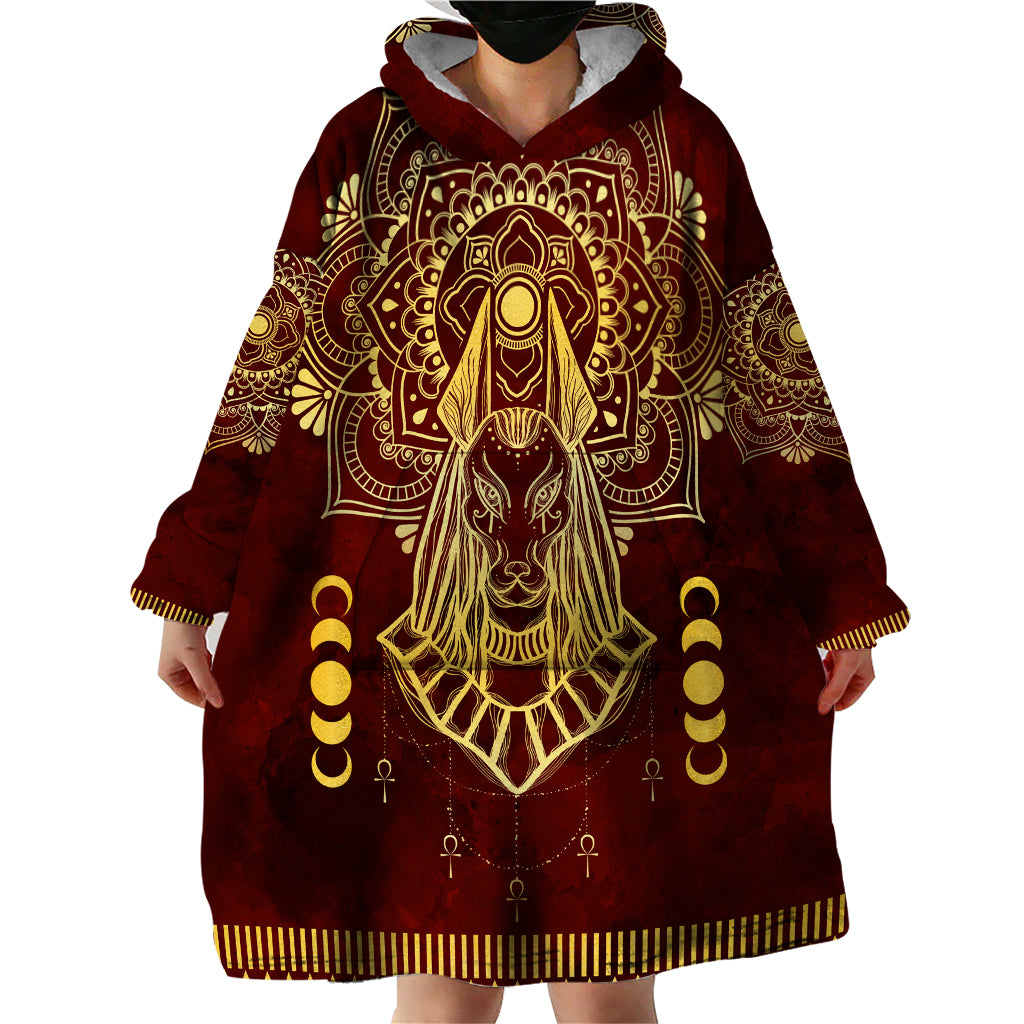 Personalized Anubis Wearable Blanket Hoodie Ancient Egyptian Pattern In Red - Wonder Print Shop