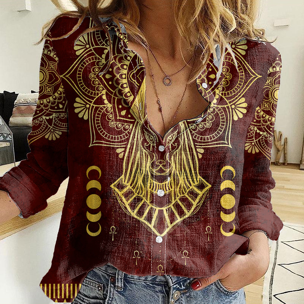 Personalized Anubis Women Casual Shirt Ancient Egyptian Pattern In Red - Wonder Print Shop