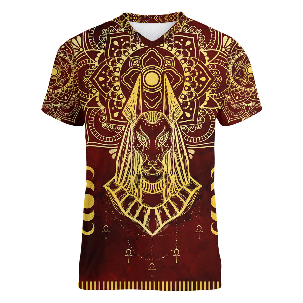 Personalized Anubis Women V Neck T Shirt Ancient Egyptian Pattern In Red
