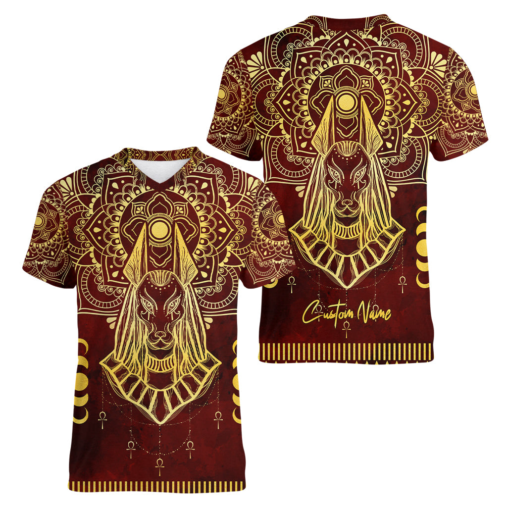 Personalized Anubis Women V Neck T Shirt Ancient Egyptian Pattern In Red - Wonder Print Shop