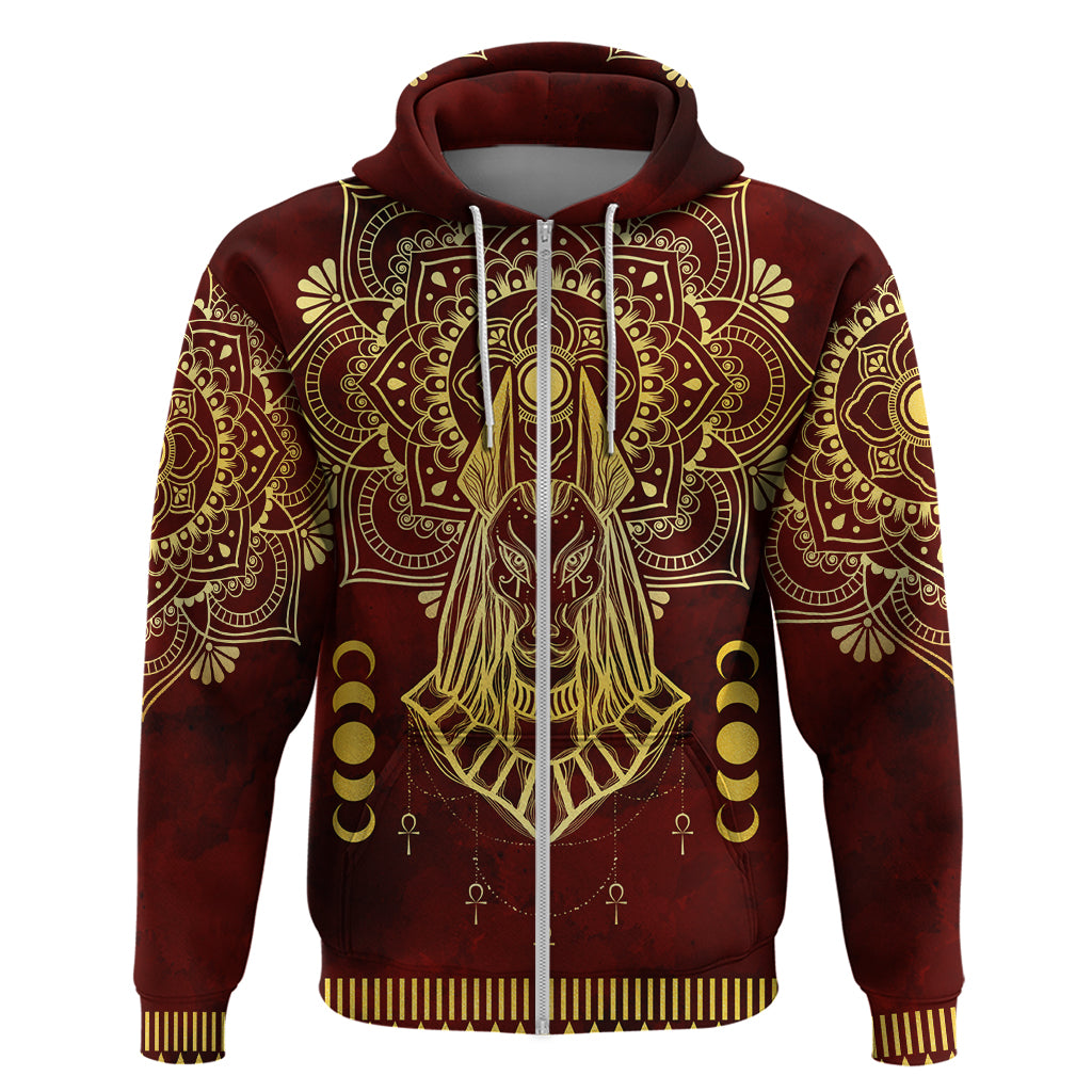 Personalized Anubis Zip Hoodie Ancient Egyptian Pattern In Red - Wonder Print Shop