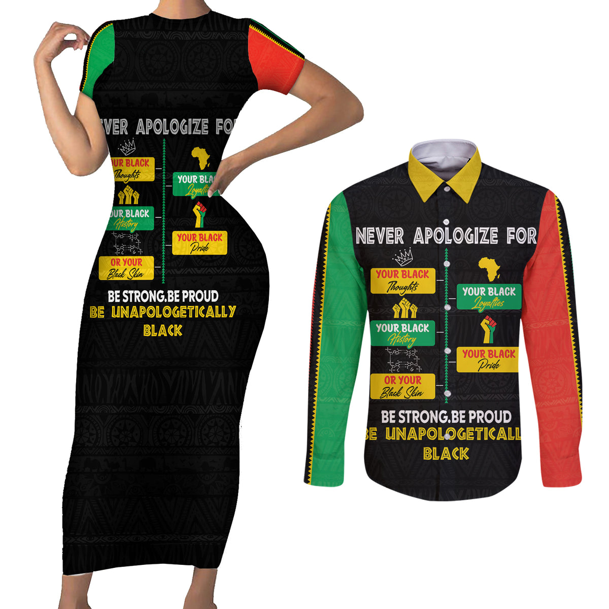 Never Apologize For Your Pride Couples Matching Short Sleeve Bodycon Dress and Long Sleeve Button Shirt African Black History - Wonder Print Shop