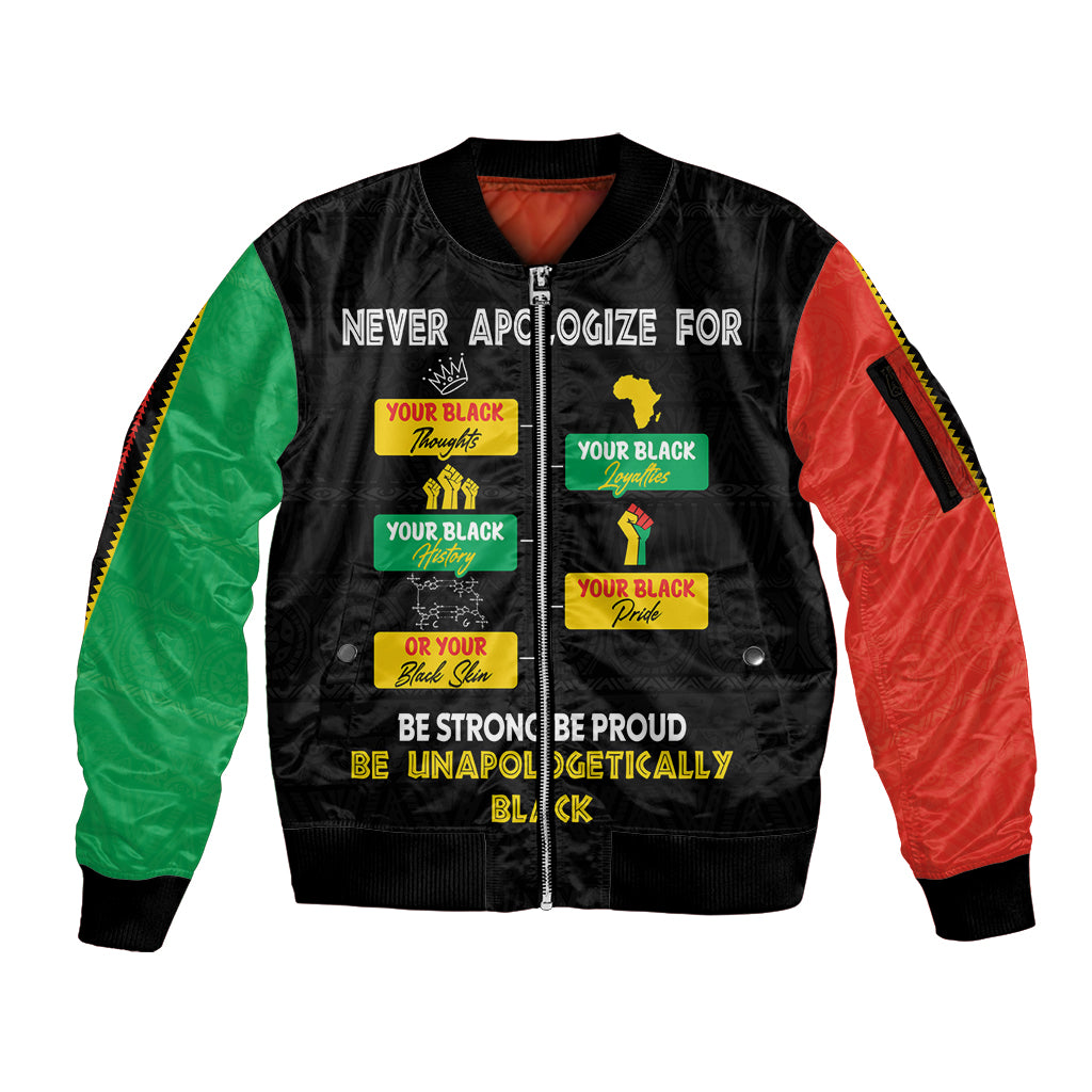 Never Apologize For Your Pride Sleeve Zip Bomber Jacket African Black History - Wonder Print Shop