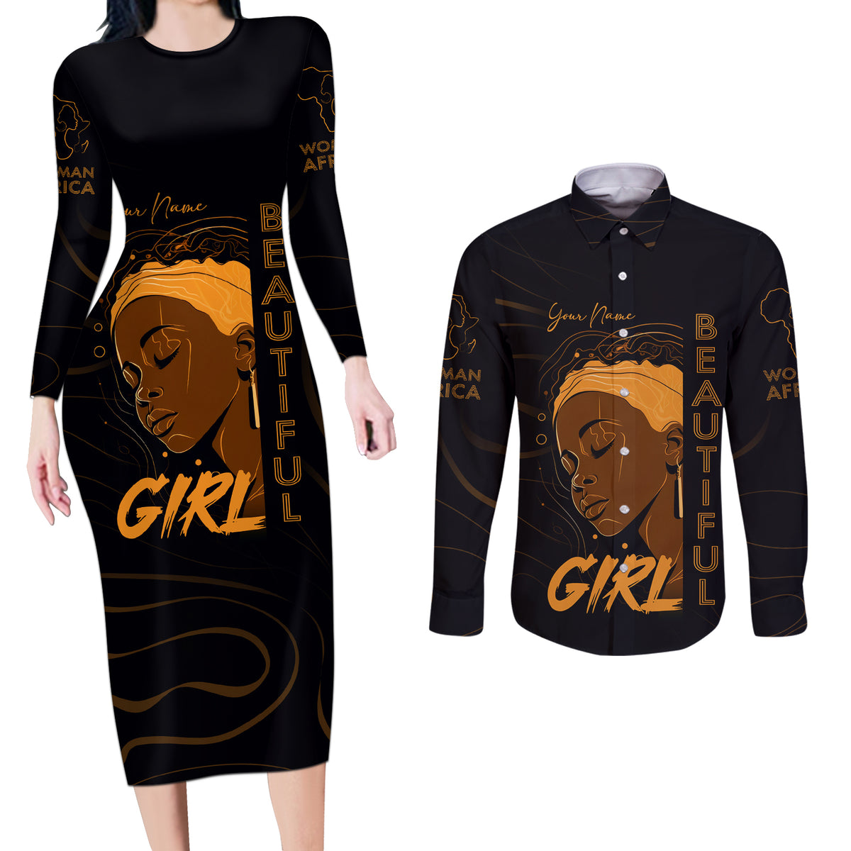 Personalized Beautiful Black Girl Couples Matching Long Sleeve Bodycon Dress and Long Sleeve Button Shirt Women Africa - Wonder Print Shop