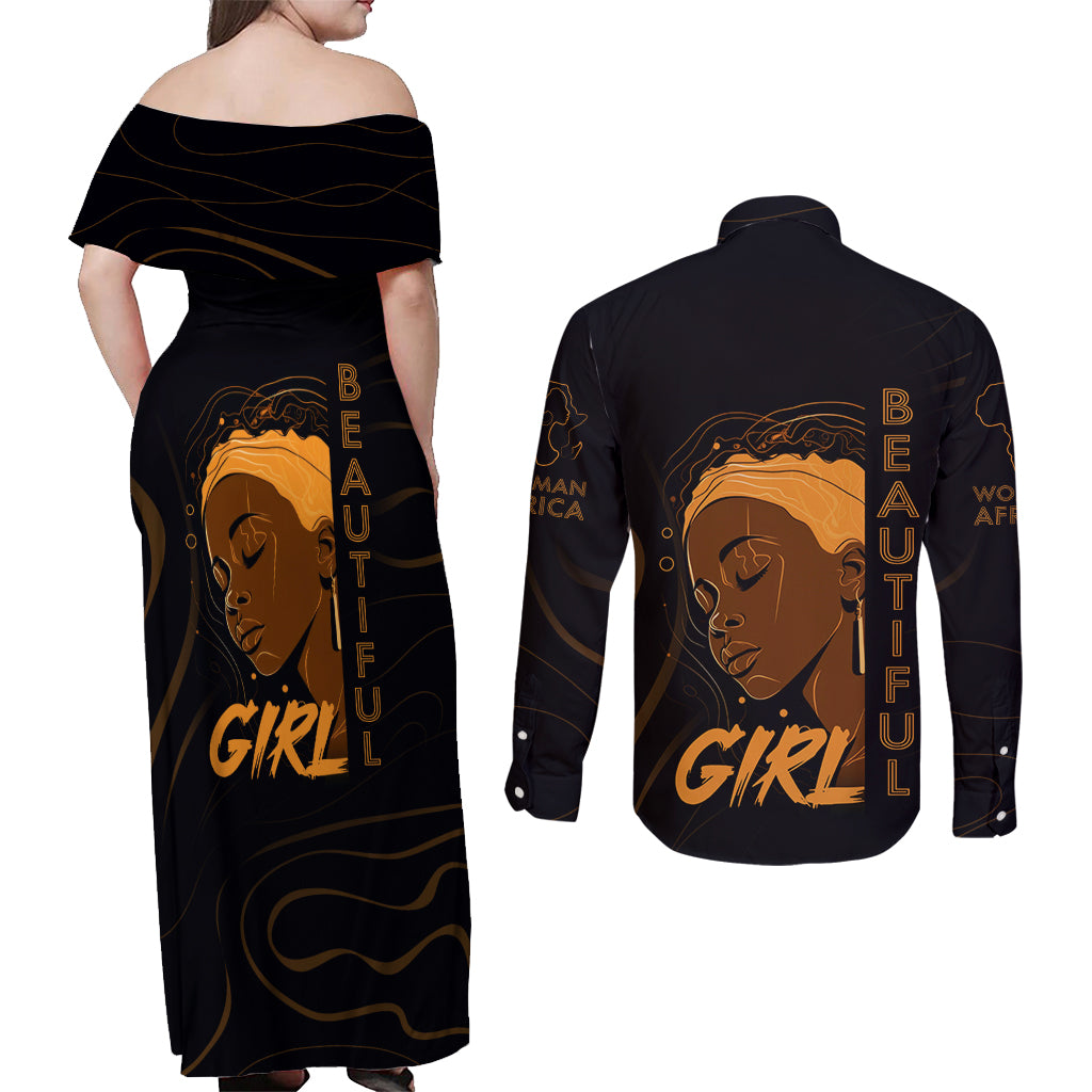 Personalized Beautiful Black Girl Couples Matching Off Shoulder Maxi Dress and Long Sleeve Button Shirt Women Africa - Wonder Print Shop