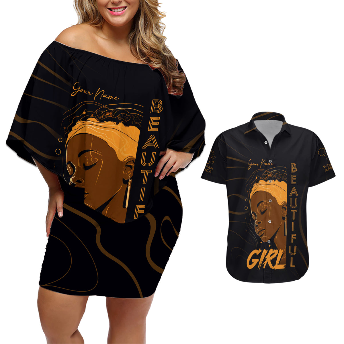 Personalized Beautiful Black Girl Couples Matching Off Shoulder Short Dress and Hawaiian Shirt Women Africa - Wonder Print Shop