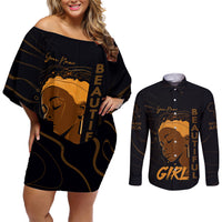 Personalized Beautiful Black Girl Couples Matching Off Shoulder Short Dress and Long Sleeve Button Shirt Women Africa - Wonder Print Shop