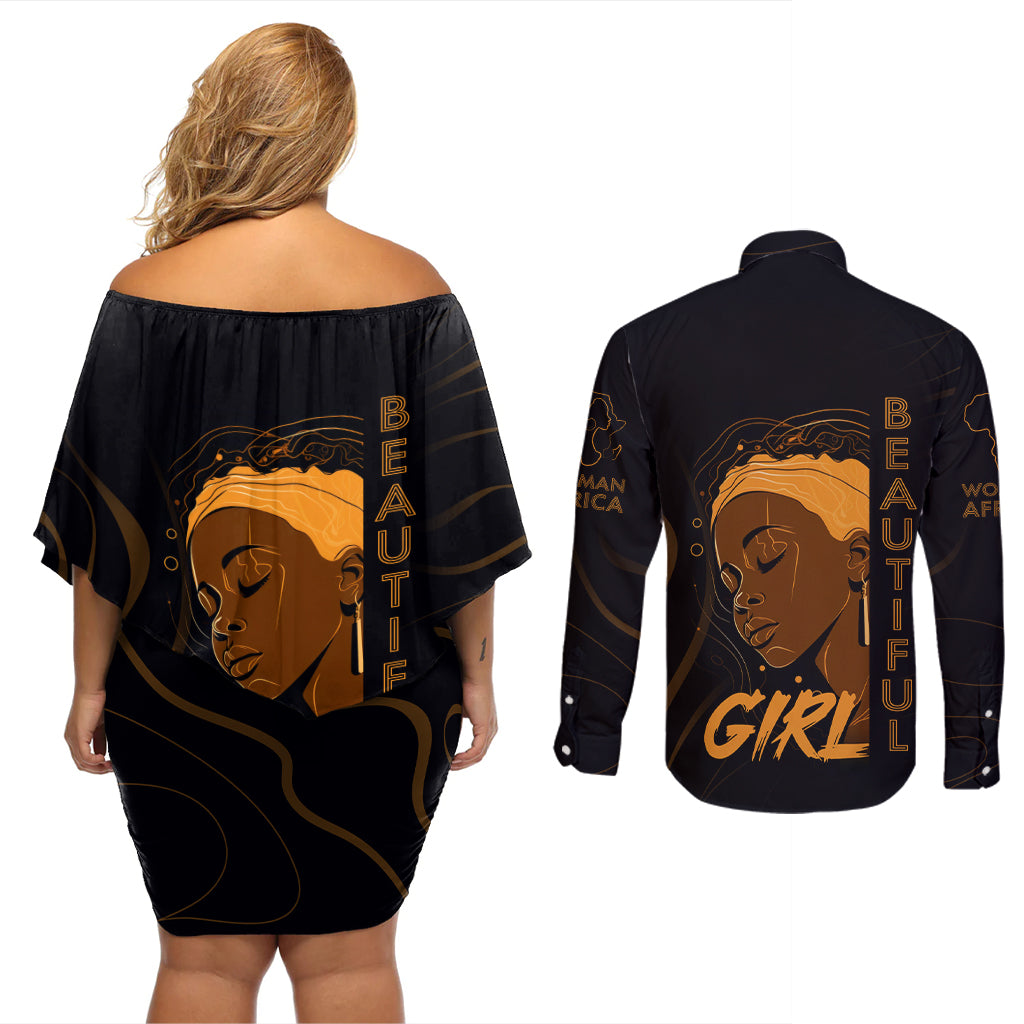 Personalized Beautiful Black Girl Couples Matching Off Shoulder Short Dress and Long Sleeve Button Shirt Women Africa - Wonder Print Shop