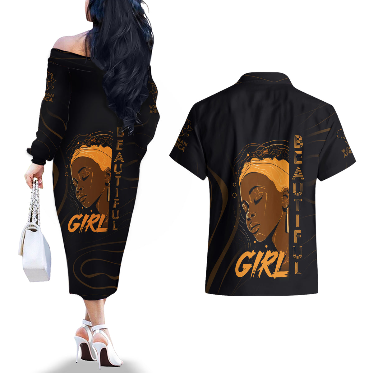 Personalized Beautiful Black Girl Couples Matching Off The Shoulder Long Sleeve Dress and Hawaiian Shirt Women Africa - Wonder Print Shop