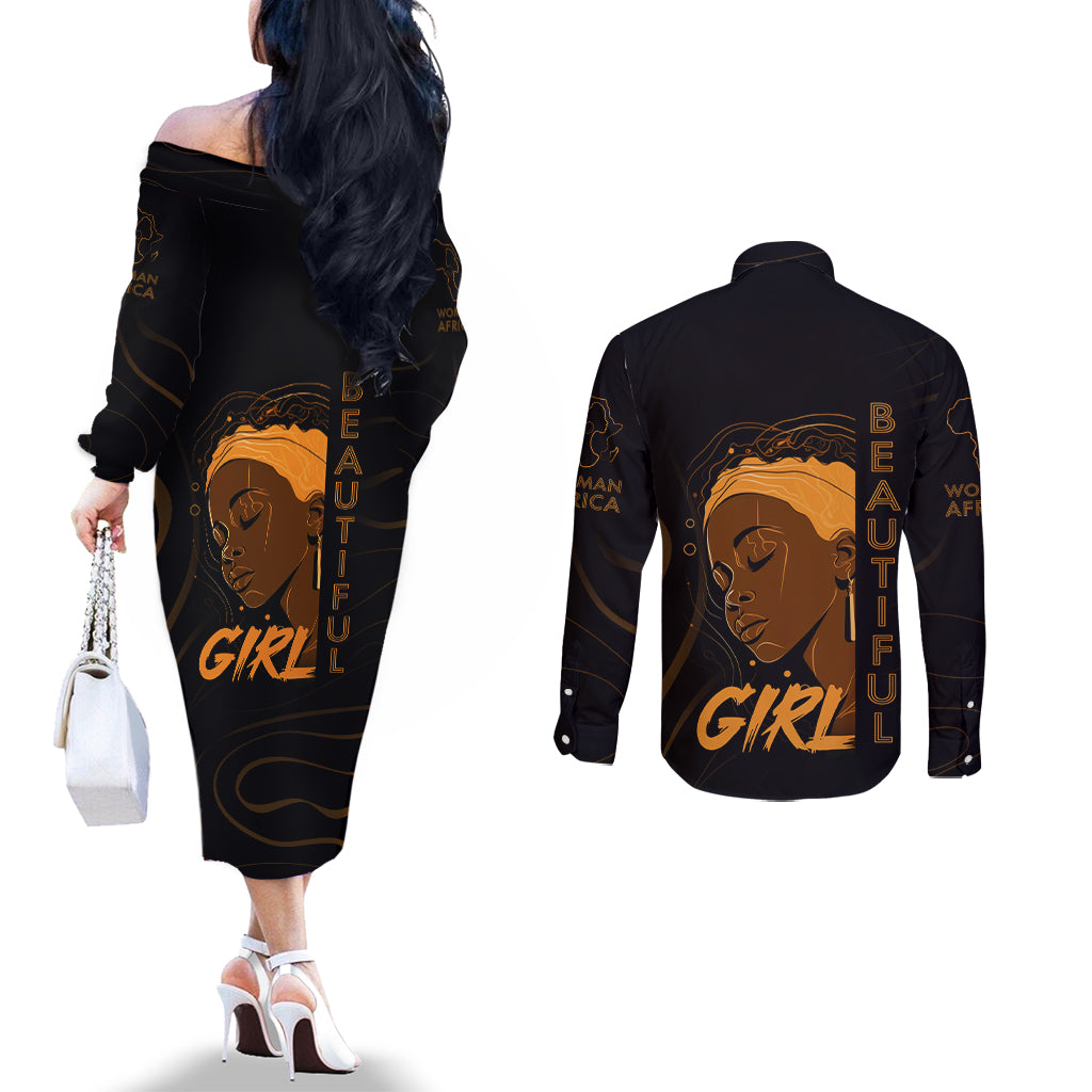 Personalized Beautiful Black Girl Couples Matching Off The Shoulder Long Sleeve Dress and Long Sleeve Button Shirt Women Africa