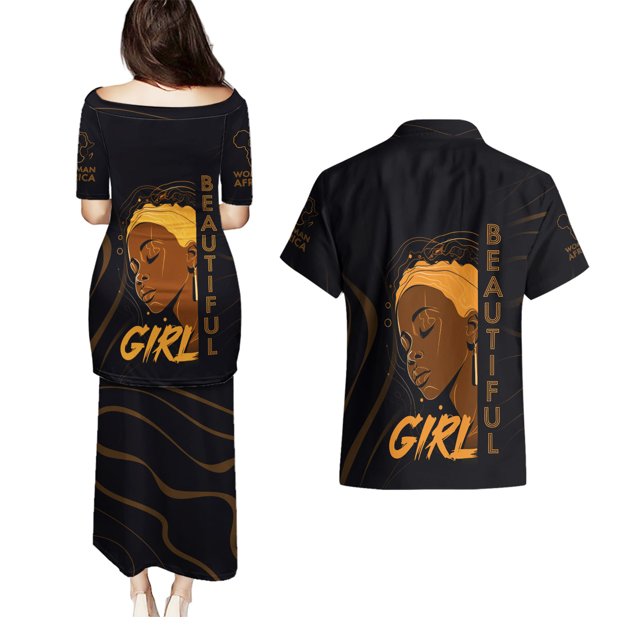 Personalized Beautiful Black Girl Couples Matching Puletasi and Hawaiian Shirt Women Africa - Wonder Print Shop