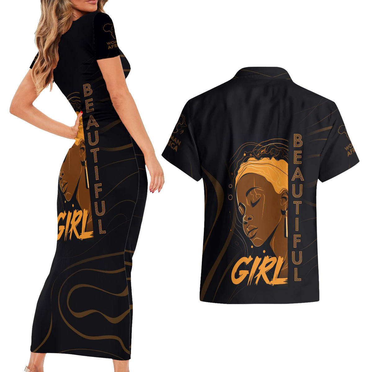 Personalized Beautiful Black Girl Couples Matching Short Sleeve Bodycon Dress and Hawaiian Shirt Women Africa - Wonder Print Shop