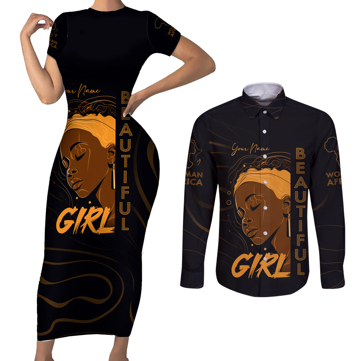 Personalized Beautiful Black Girl Couples Matching Short Sleeve Bodycon Dress and Long Sleeve Button Shirt Women Africa - Wonder Print Shop