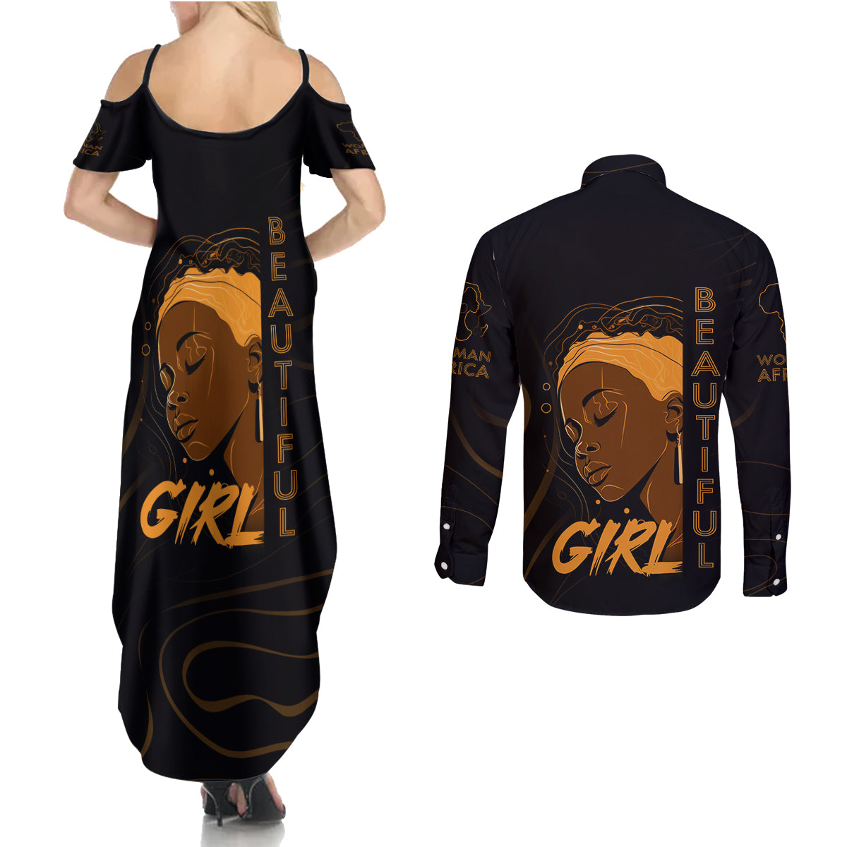 Personalized Beautiful Black Girl Couples Matching Summer Maxi Dress and Long Sleeve Button Shirt Women Africa - Wonder Print Shop