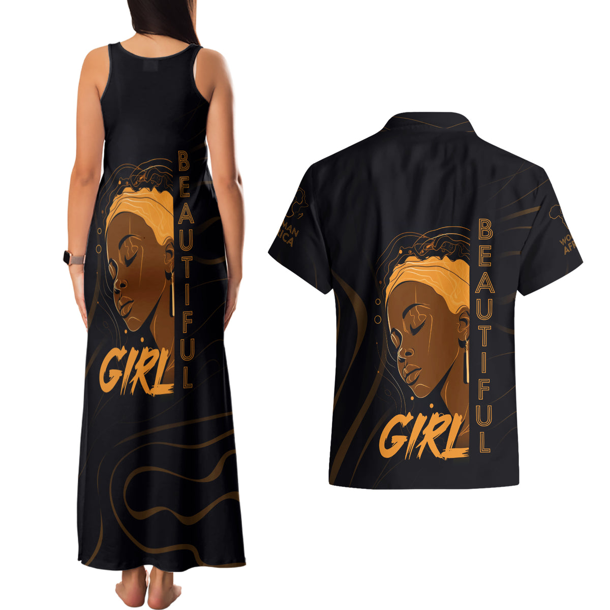 Personalized Beautiful Black Girl Couples Matching Tank Maxi Dress and Hawaiian Shirt Women Africa - Wonder Print Shop