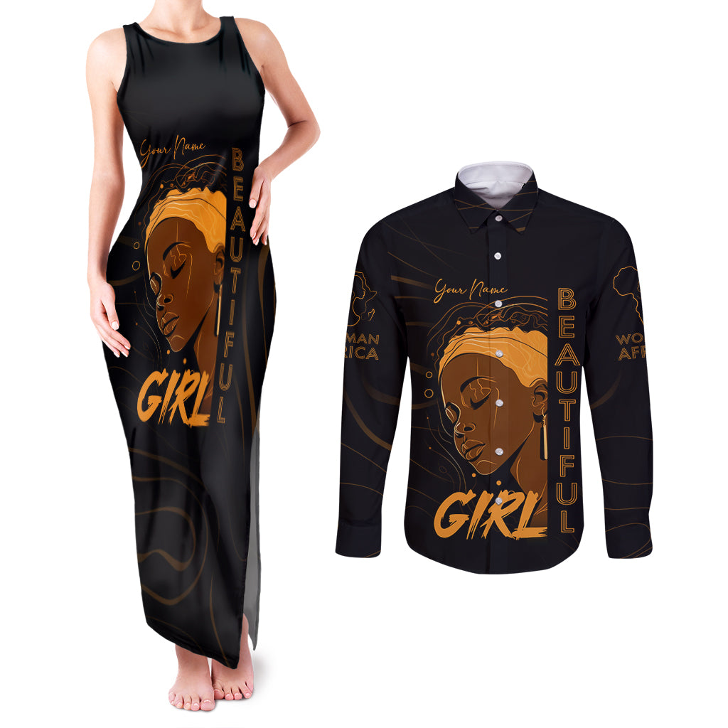 Personalized Beautiful Black Girl Couples Matching Tank Maxi Dress and Long Sleeve Button Shirt Women Africa - Wonder Print Shop
