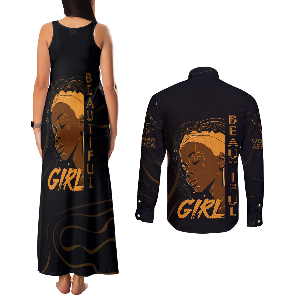 Personalized Beautiful Black Girl Couples Matching Tank Maxi Dress and Long Sleeve Button Shirt Women Africa - Wonder Print Shop