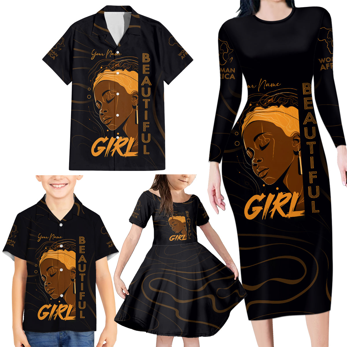 Personalized Beautiful Black Girl Family Matching Long Sleeve Bodycon Dress and Hawaiian Shirt Women Africa - Wonder Print Shop