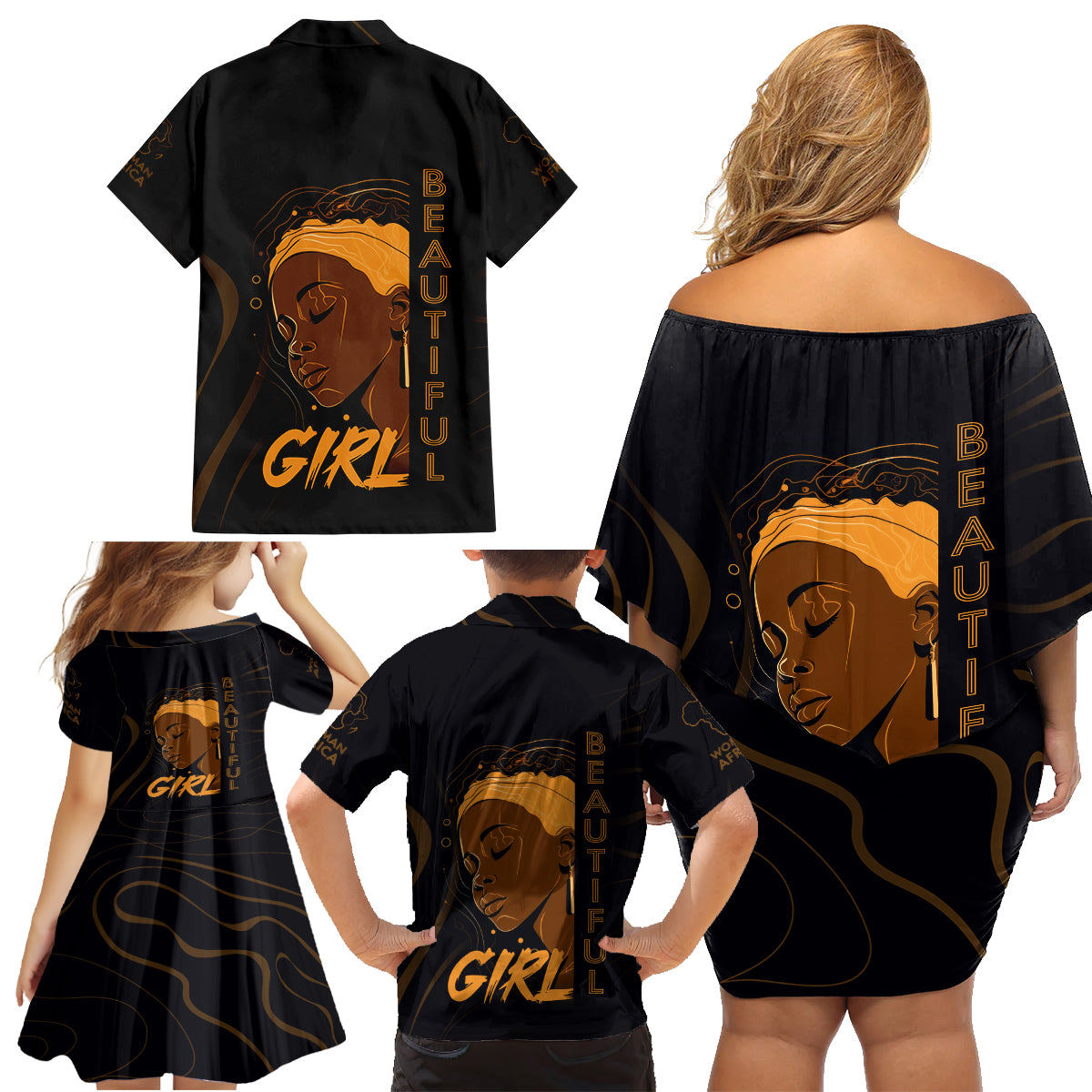 Personalized Beautiful Black Girl Family Matching Off Shoulder Short Dress and Hawaiian Shirt Women Africa - Wonder Print Shop