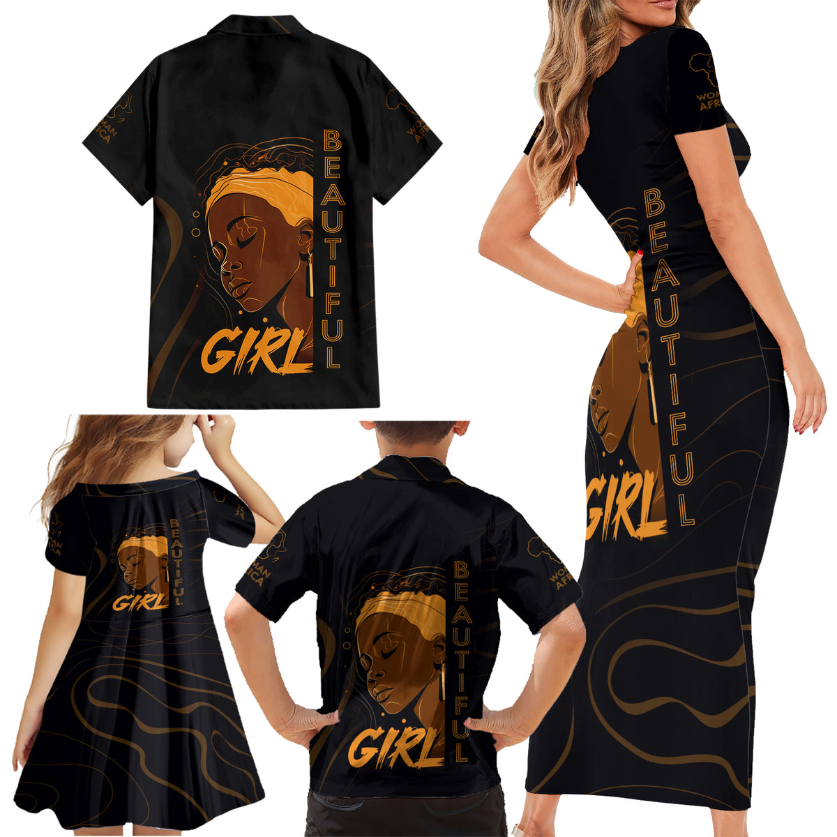 Personalized Beautiful Black Girl Family Matching Short Sleeve Bodycon Dress and Hawaiian Shirt Women Africa - Wonder Print Shop