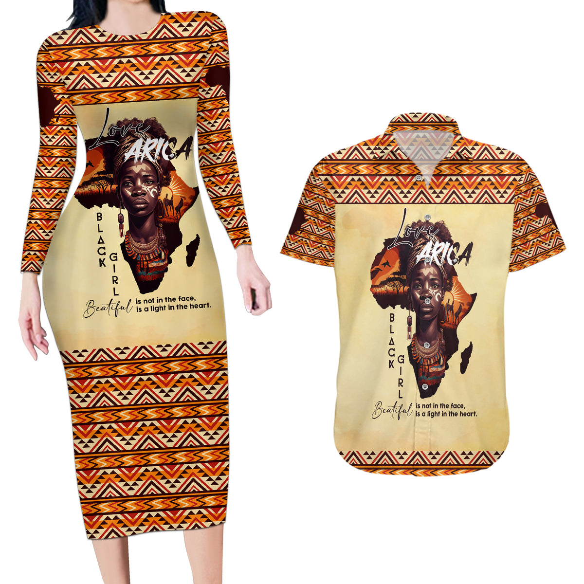 Personalized Love Africa Couples Matching Long Sleeve Bodycon Dress and Hawaiian Shirt Black Girl Beautiful - Wonder Print Shop