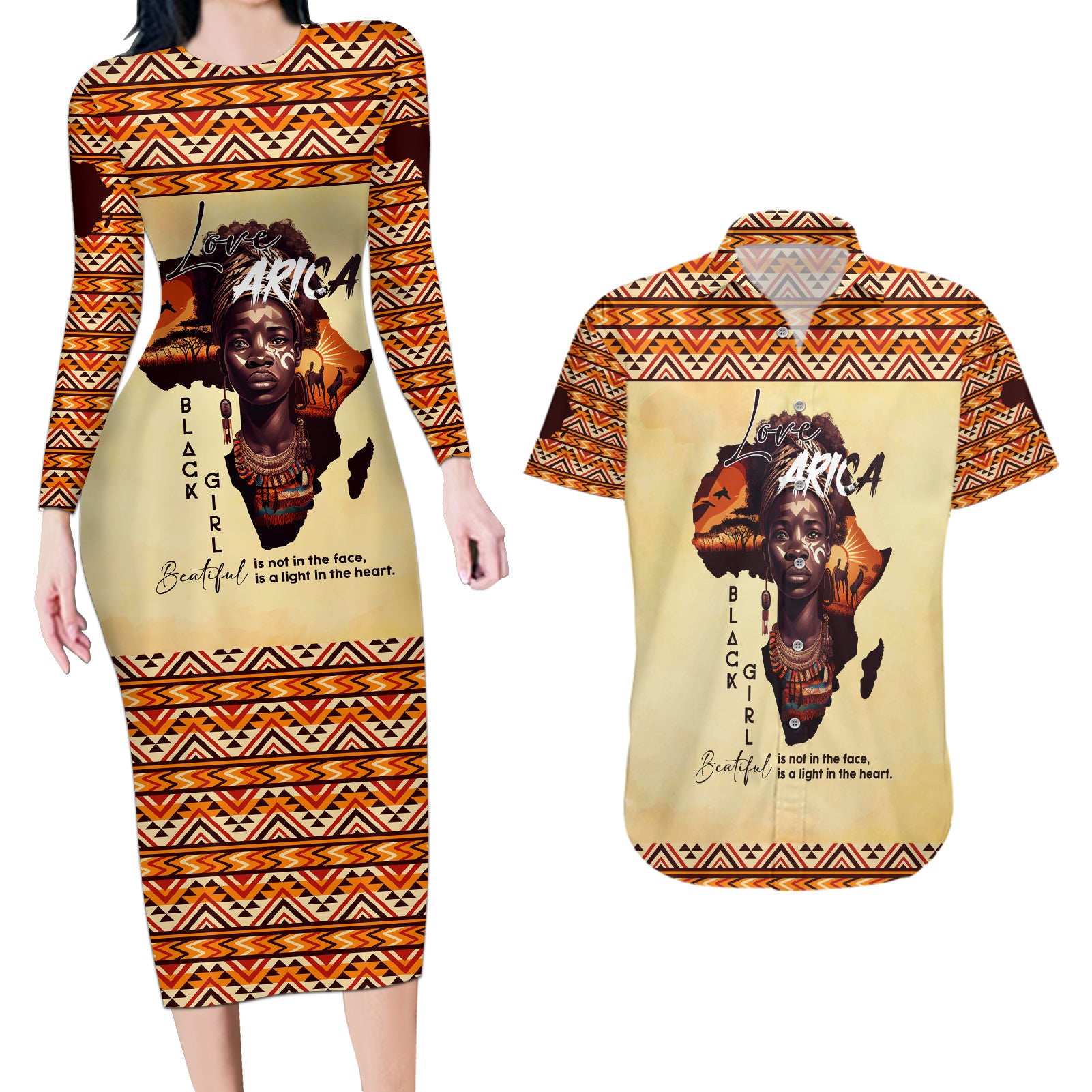 Personalized Love Africa Couples Matching Long Sleeve Bodycon Dress and Hawaiian Shirt Black Girl Beautiful - Wonder Print Shop