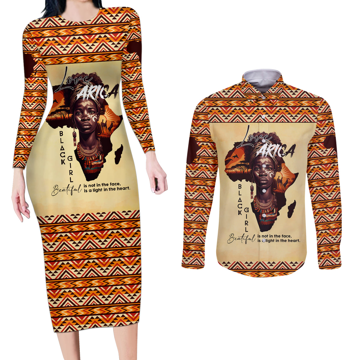 Personalized Love Africa Couples Matching Long Sleeve Bodycon Dress and Long Sleeve Button Shirt Black Girl Beautiful - Wonder Print Shop