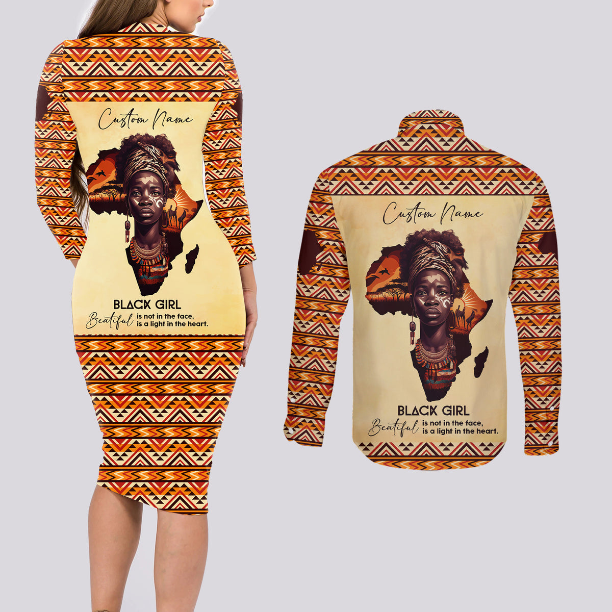 Personalized Love Africa Couples Matching Long Sleeve Bodycon Dress and Long Sleeve Button Shirt Black Girl Beautiful - Wonder Print Shop