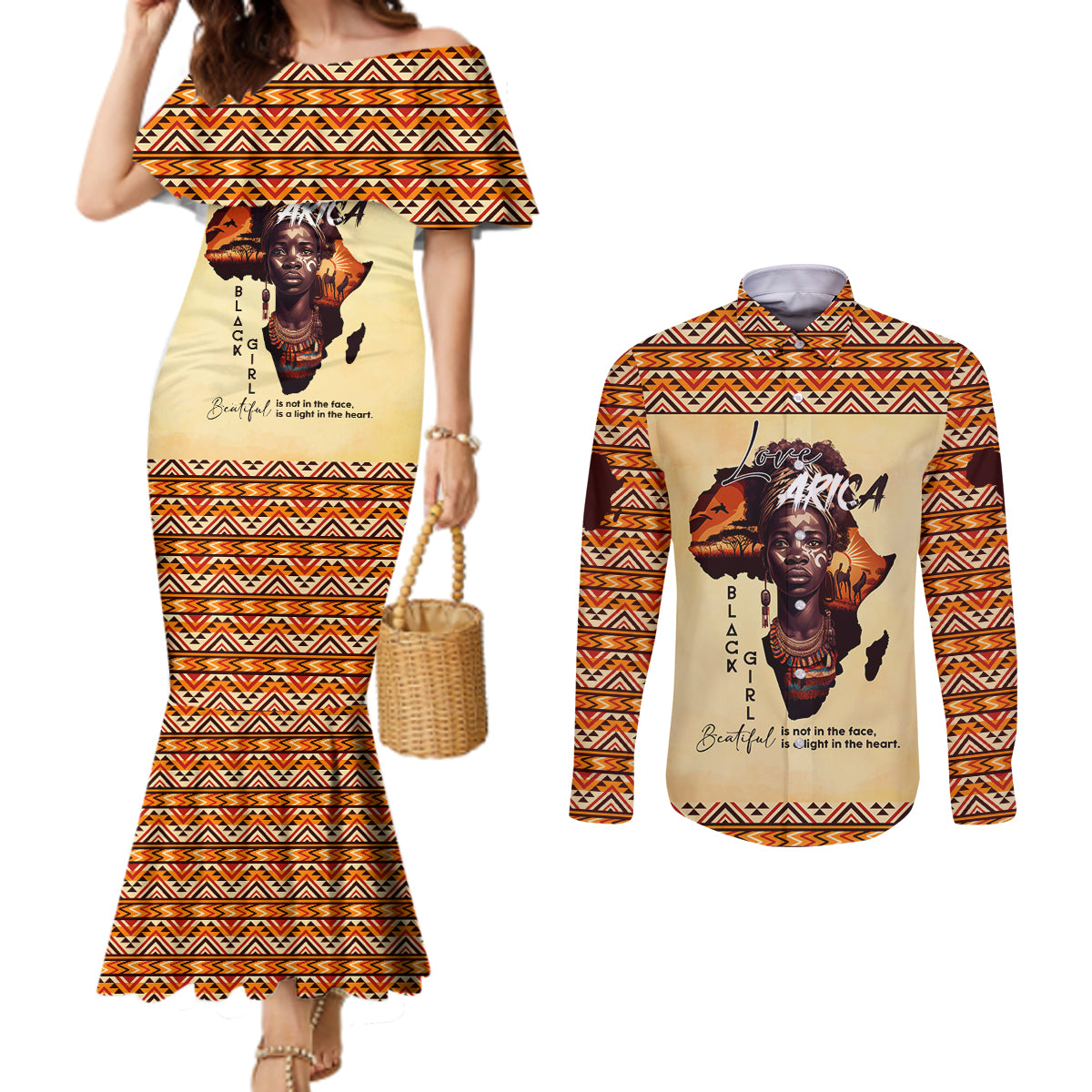 Personalized Love Africa Couples Matching Mermaid Dress and Long Sleeve Button Shirt Black Girl Beautiful