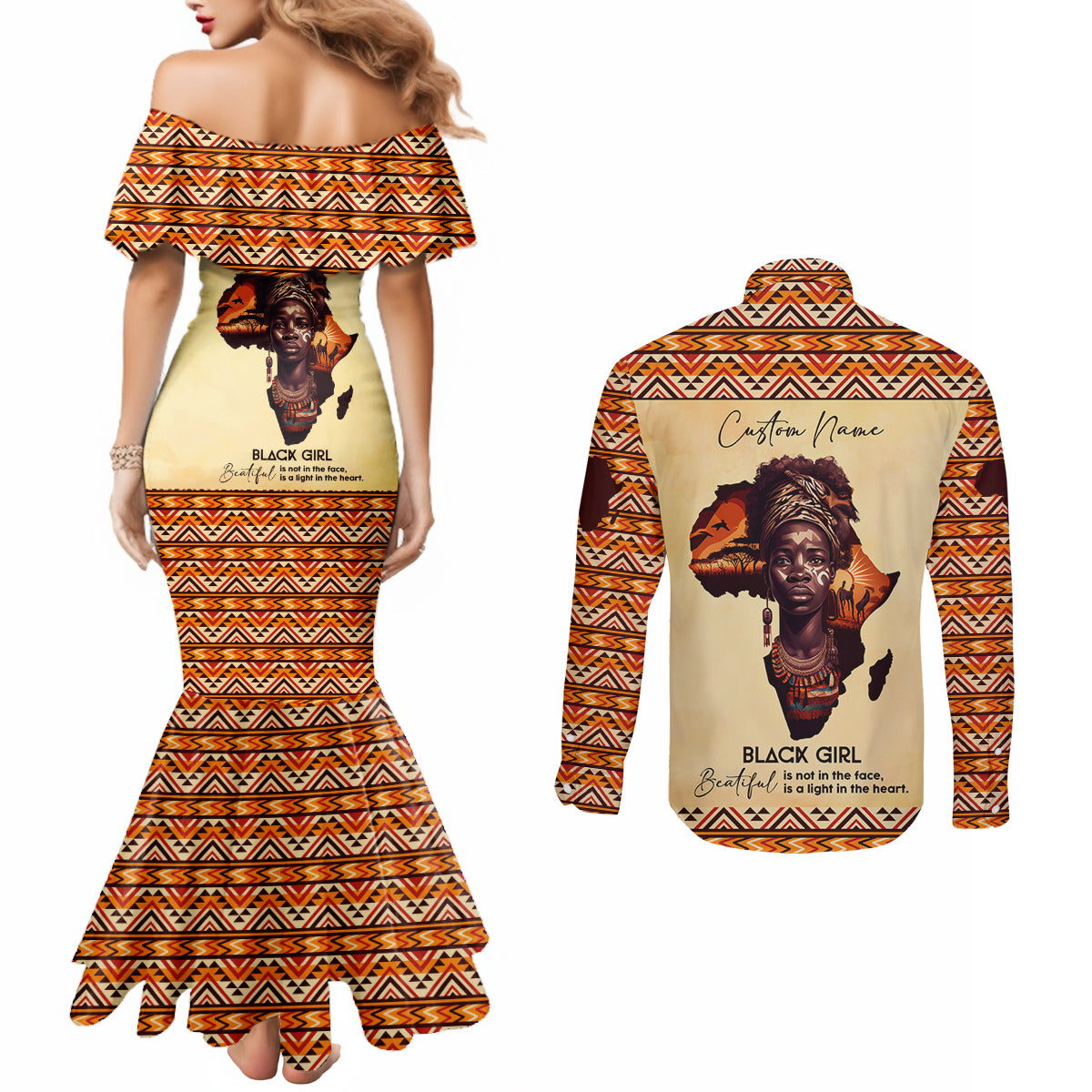 Personalized Love Africa Couples Matching Mermaid Dress and Long Sleeve Button Shirt Black Girl Beautiful