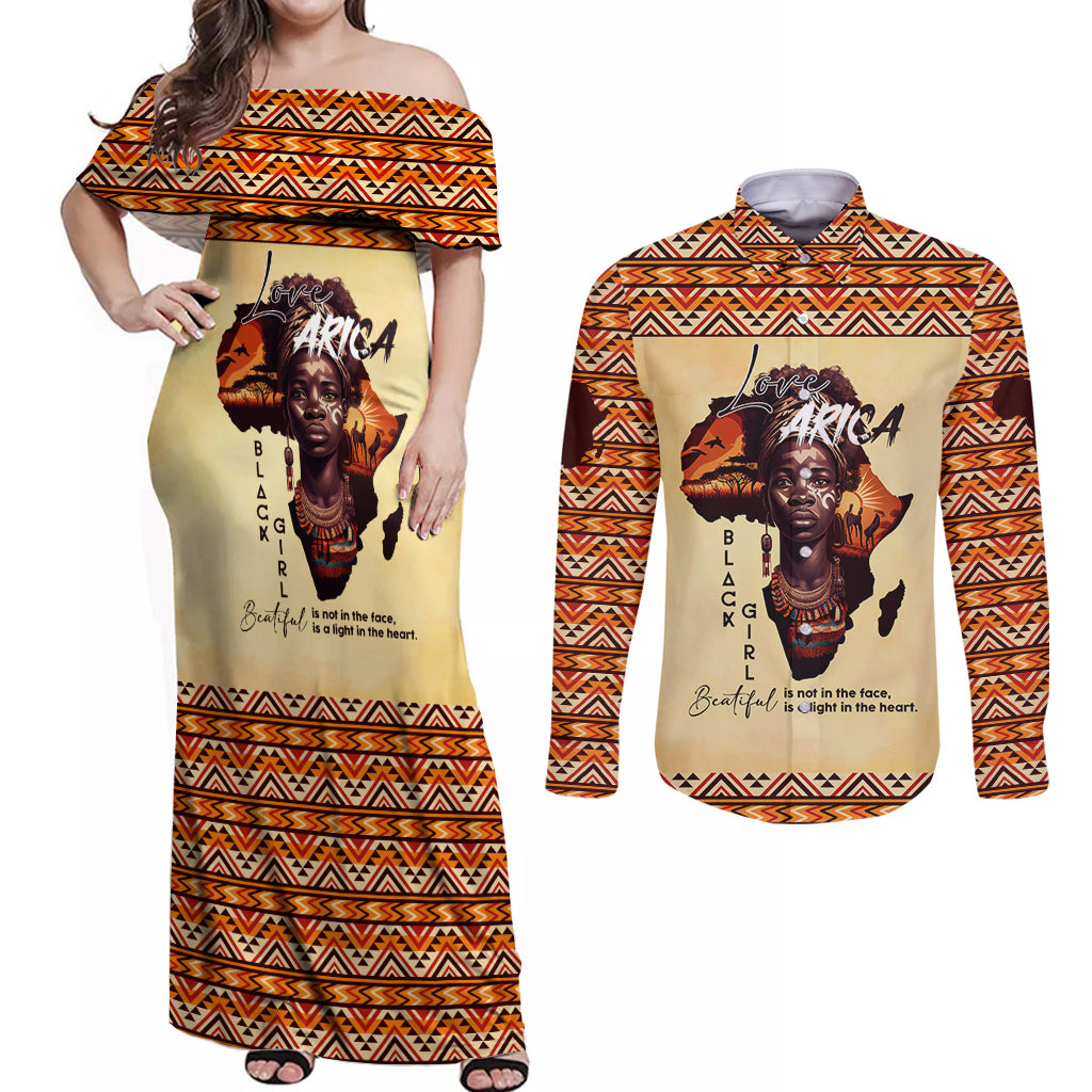 Personalized Love Africa Couples Matching Off Shoulder Maxi Dress and Long Sleeve Button Shirt Black Girl Beautiful - Wonder Print Shop