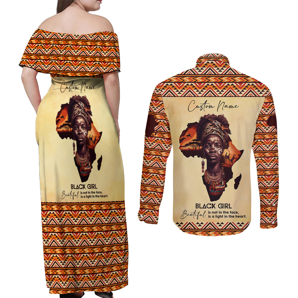 Personalized Love Africa Couples Matching Off Shoulder Maxi Dress and Long Sleeve Button Shirt Black Girl Beautiful - Wonder Print Shop
