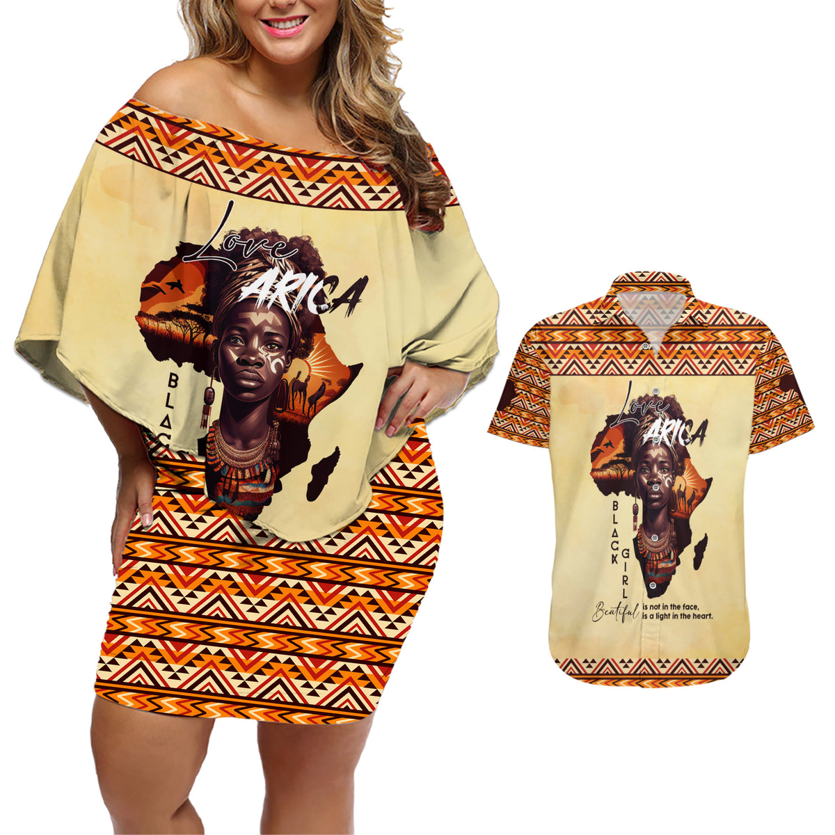 Personalized Love Africa Couples Matching Off Shoulder Short Dress and Hawaiian Shirt Black Girl Beautiful - Wonder Print Shop