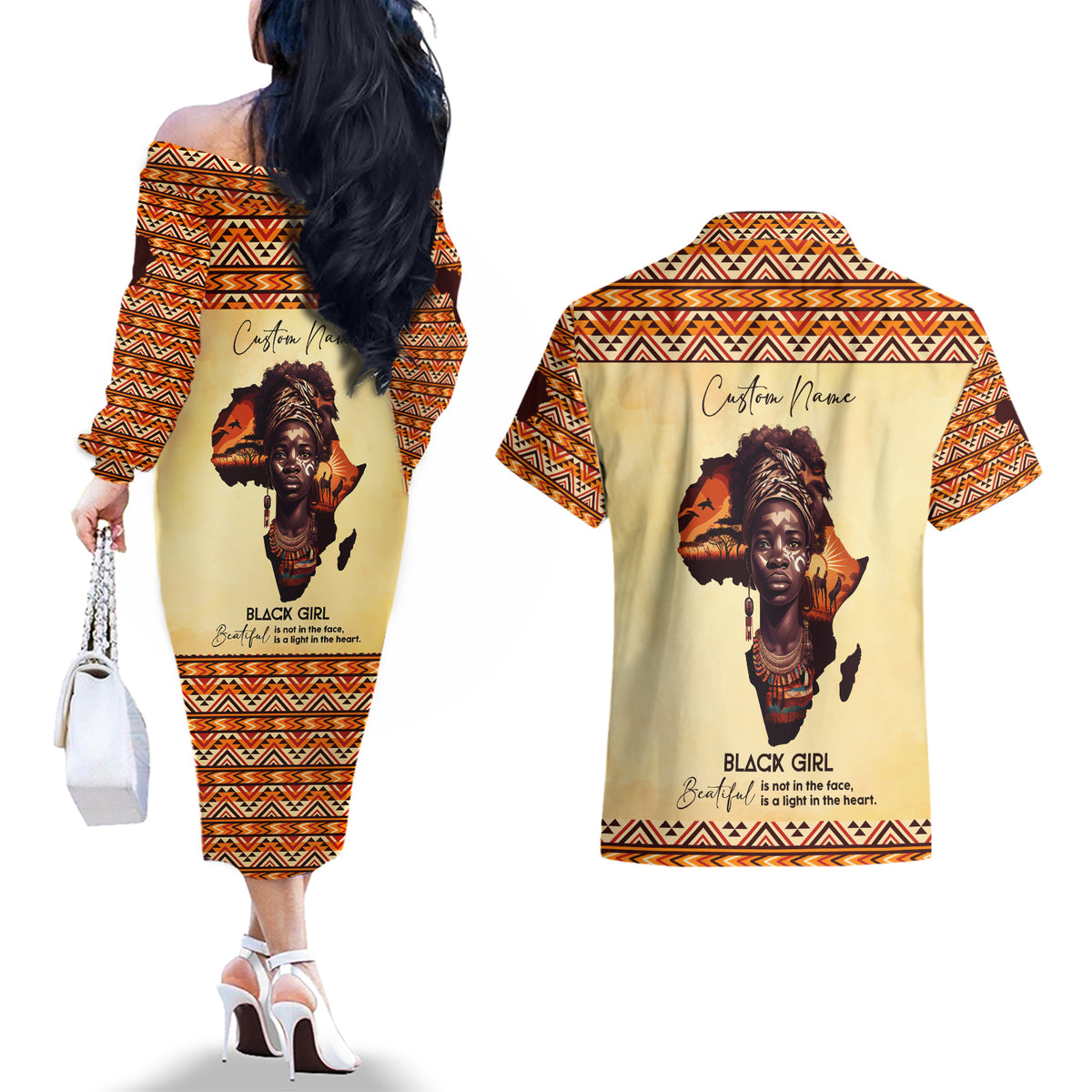 Personalized Love Africa Couples Matching Off The Shoulder Long Sleeve Dress and Hawaiian Shirt Black Girl Beautiful - Wonder Print Shop