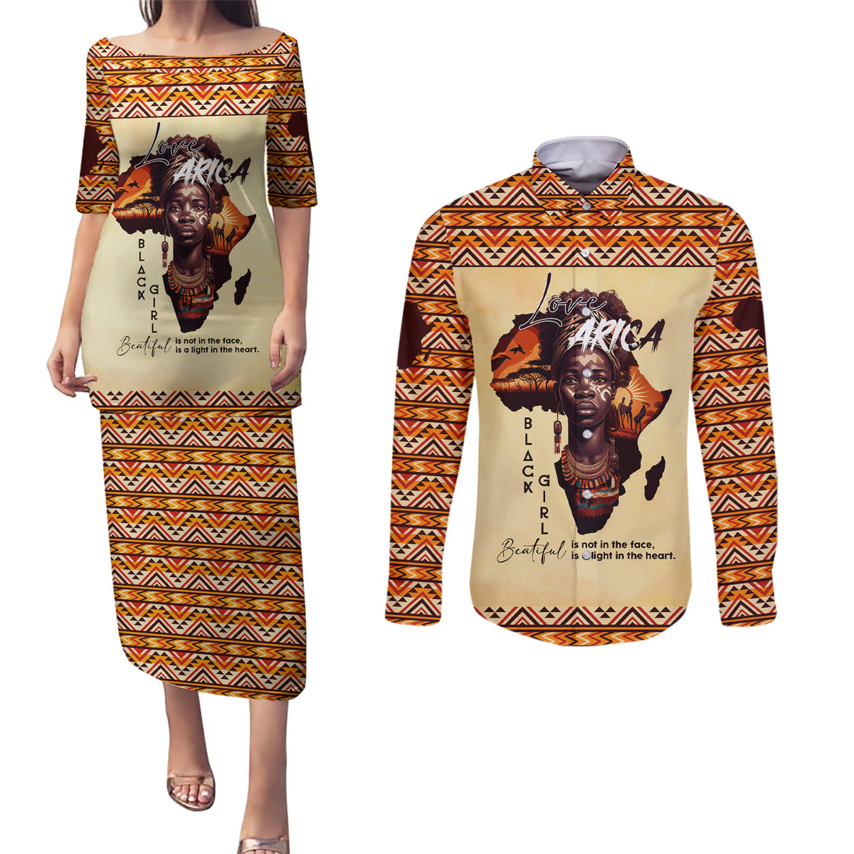 Personalized Love Africa Couples Matching Puletasi and Long Sleeve Button Shirt Black Girl Beautiful - Wonder Print Shop