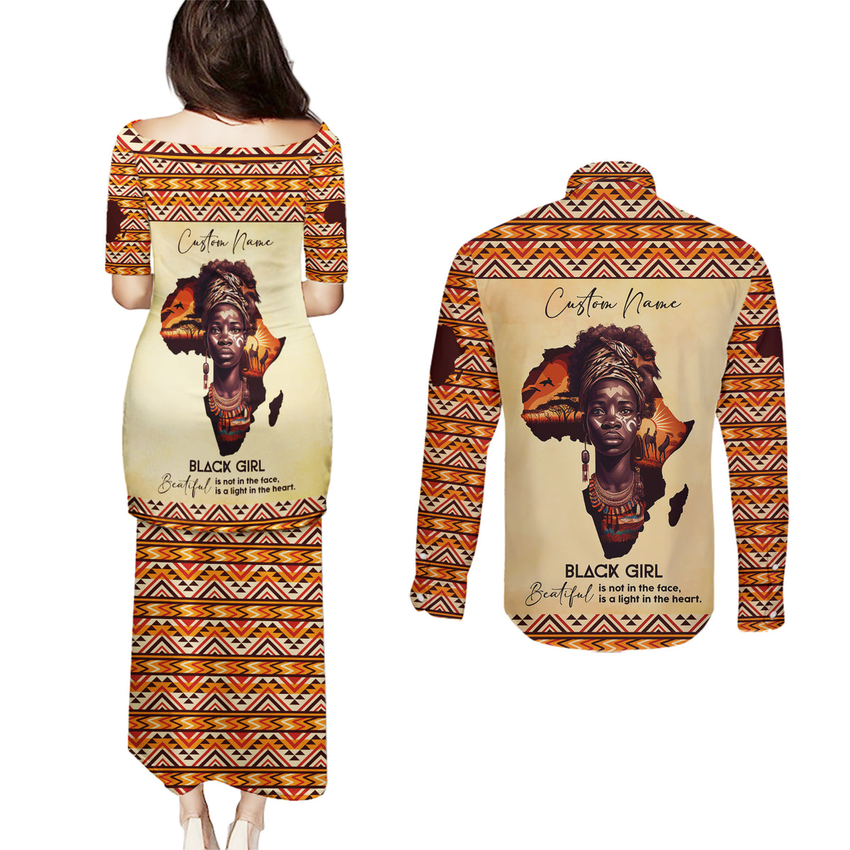 Personalized Love Africa Couples Matching Puletasi and Long Sleeve Button Shirt Black Girl Beautiful - Wonder Print Shop
