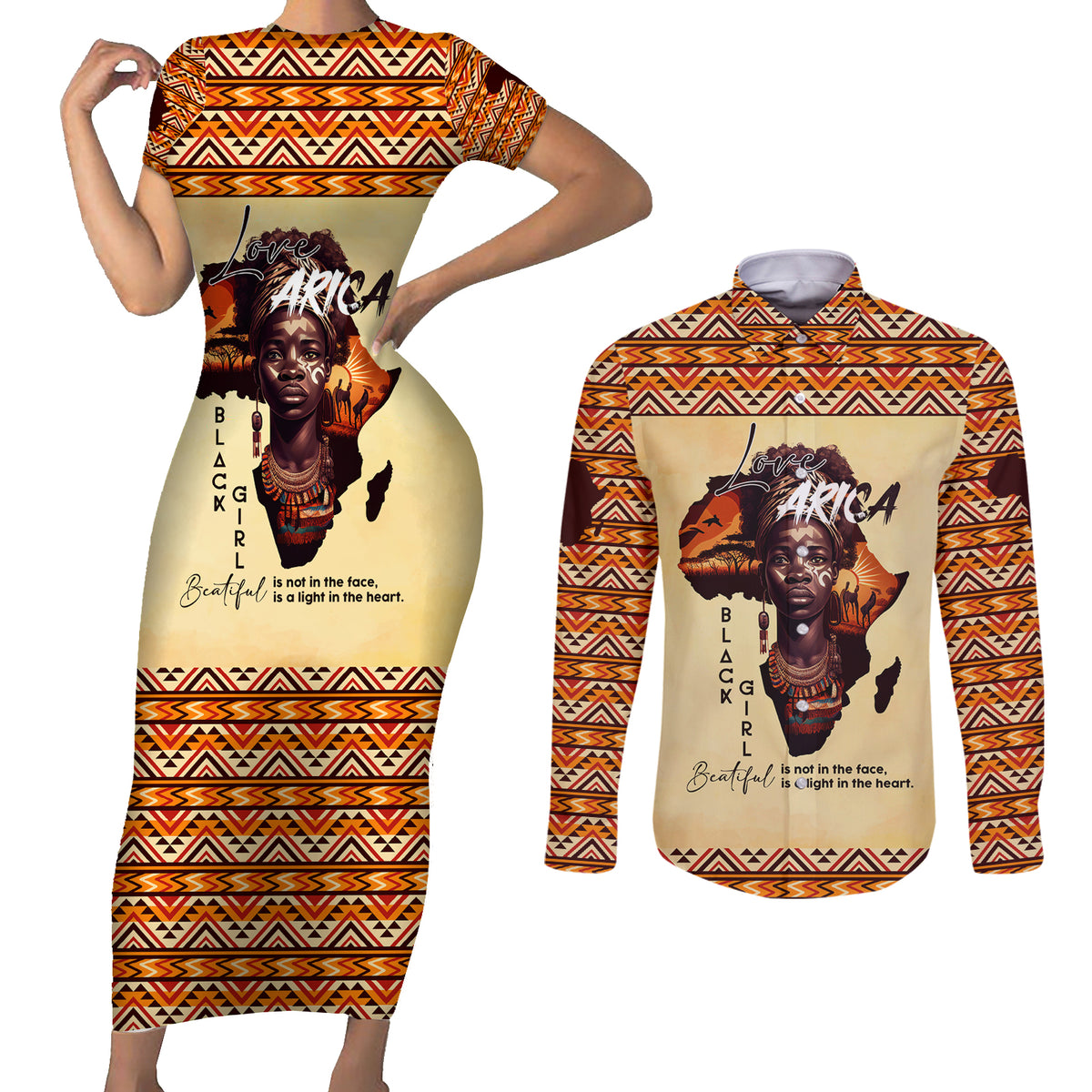 Personalized Love Africa Couples Matching Short Sleeve Bodycon Dress and Long Sleeve Button Shirt Black Girl Beautiful - Wonder Print Shop