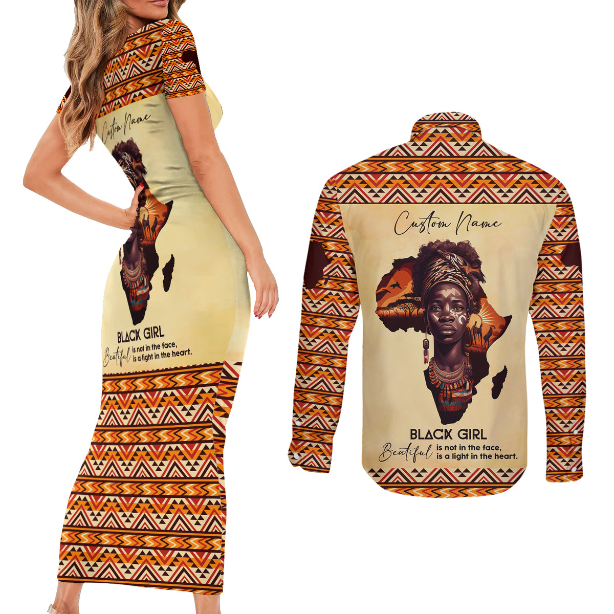Personalized Love Africa Couples Matching Short Sleeve Bodycon Dress and Long Sleeve Button Shirt Black Girl Beautiful - Wonder Print Shop