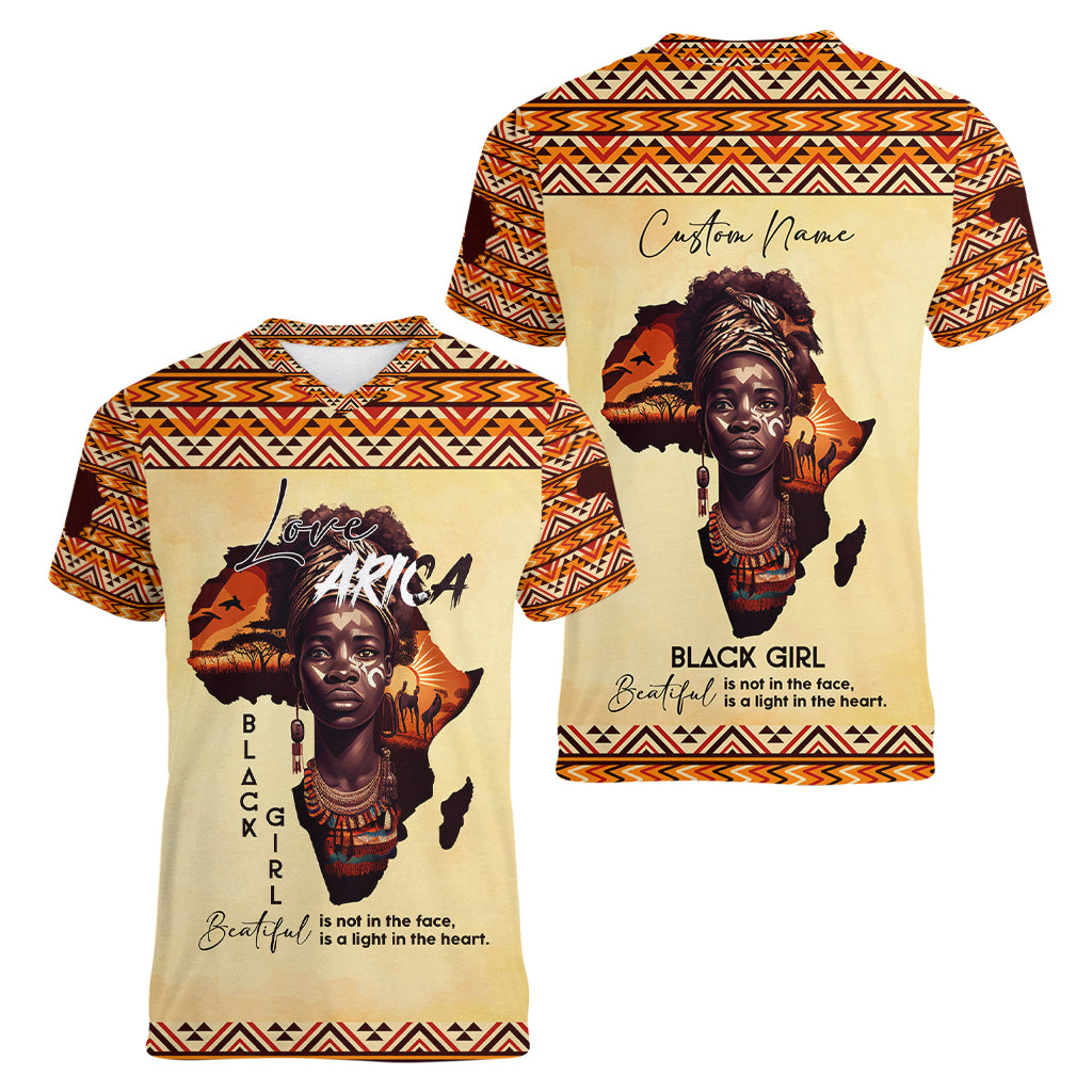 Personalized Love Africa Women V Neck T Shirt Black Girl Beautiful - Wonder Print Shop