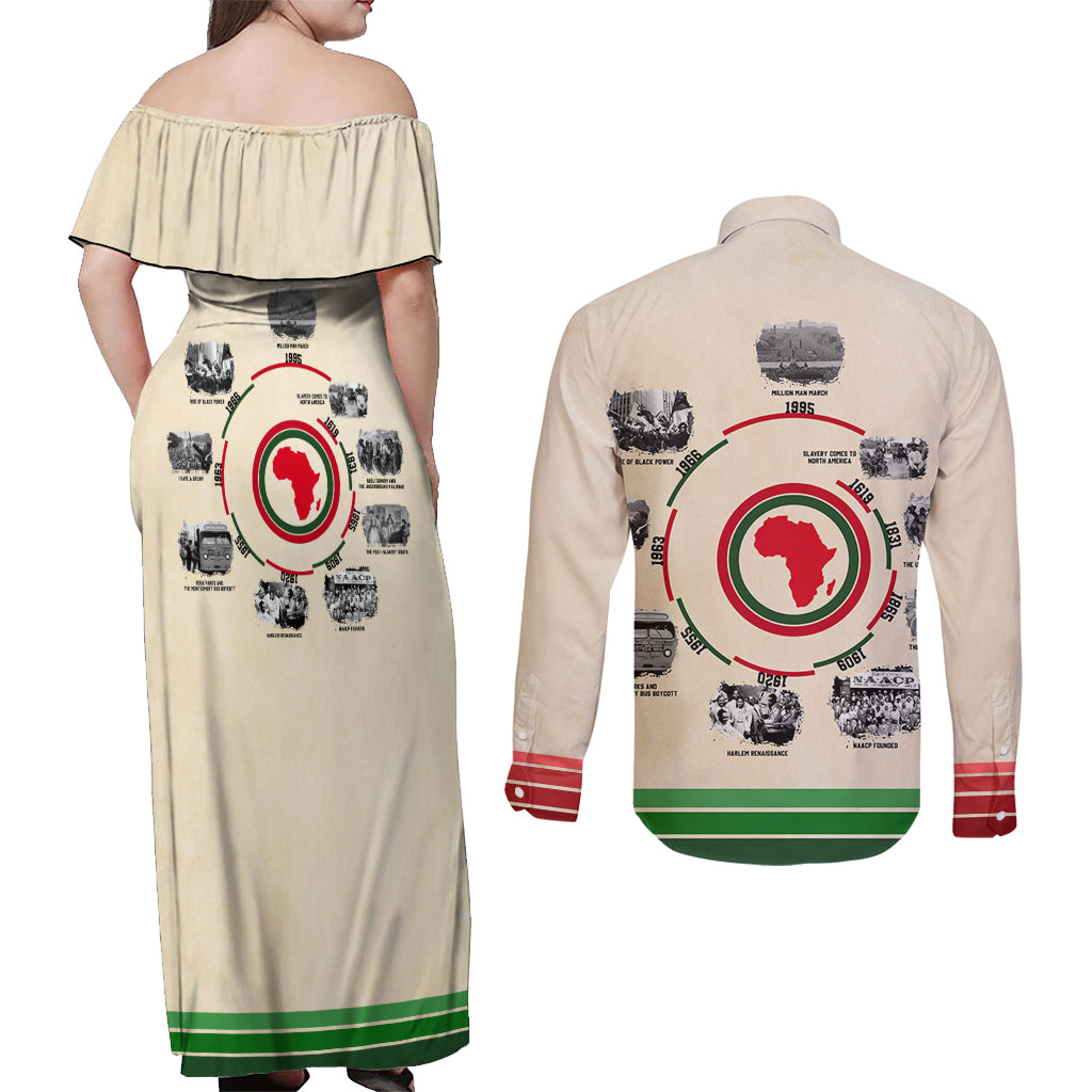 Black History Milestones Couples Matching Off Shoulder Maxi Dress and Long Sleeve Button Shirt African Timeline - Wonder Print Shop