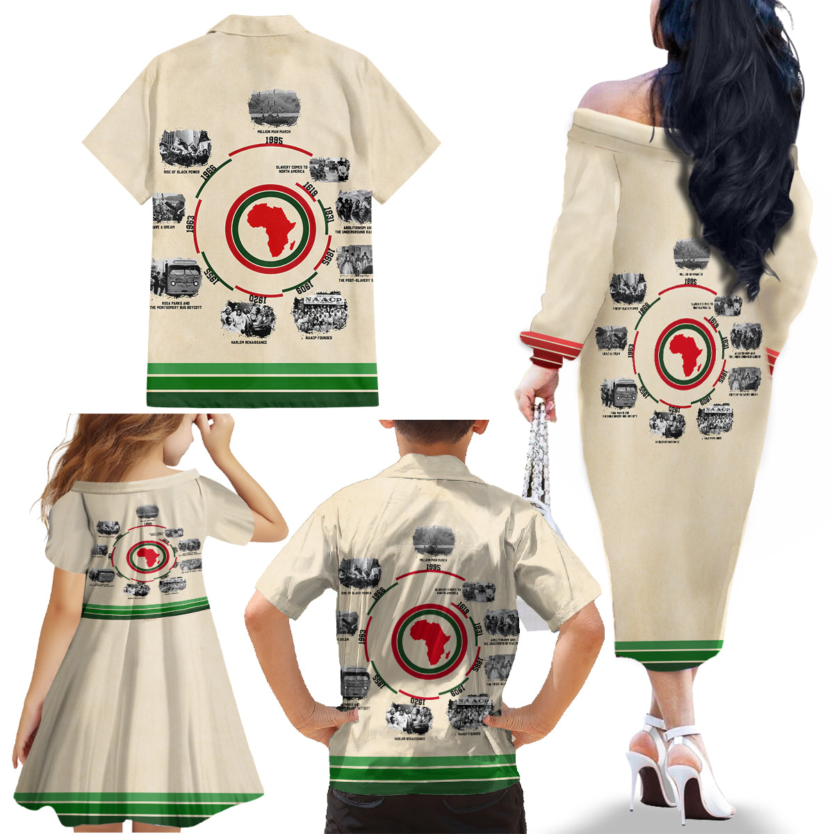 Black History Milestones Family Matching Off The Shoulder Long Sleeve Dress and Hawaiian Shirt African Timeline - Wonder Print Shop